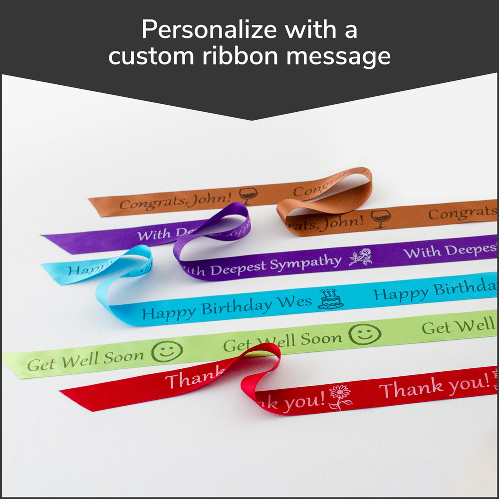 Red, blue, violet, and brown personalized greetings ribbon